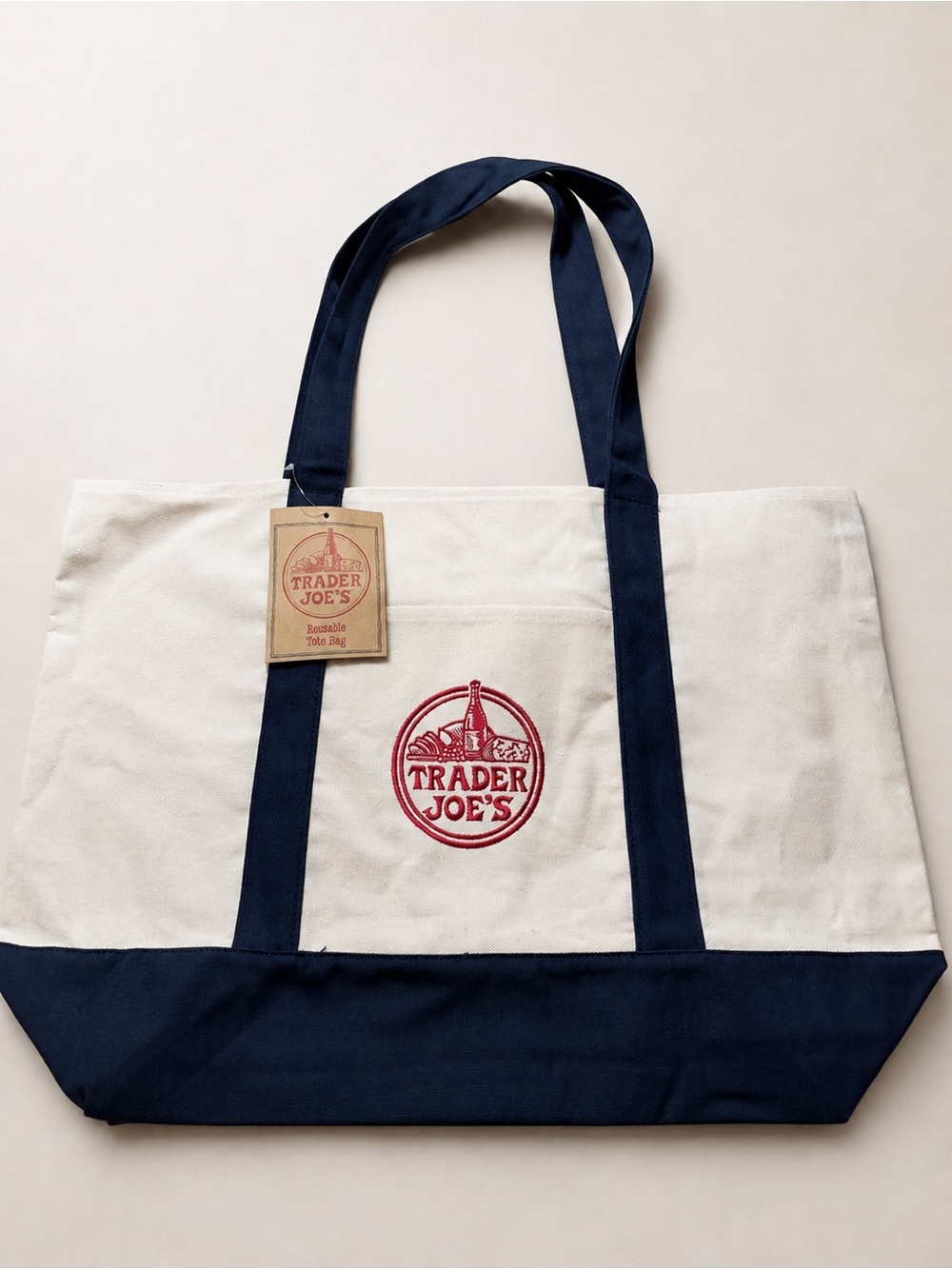 Trader Joe’s Canvas Boat Tote Bag Navy Blue & Natural Embroidered Logo- NWT